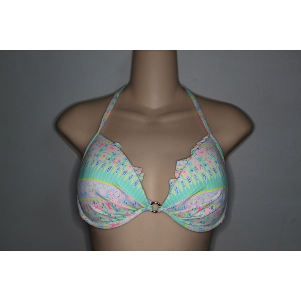 ✨2/$20 Victoria's Secret Ruffle Halter Tie Bikini Top White Multi Pastel 36C - Picture 2 of 7